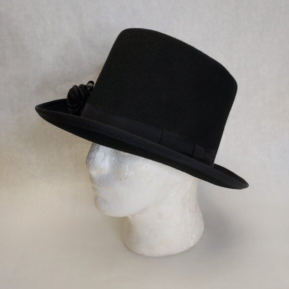 New York Hat Co Top Hat Women's M Wool Felt Classic Black Short Crown Flower Pin - Picture 4 of 16